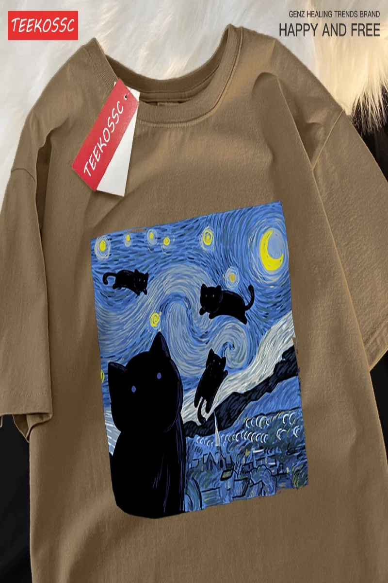 Y2k Vintage Tişört Tee Yağlıboya yıldızlı kedi gece