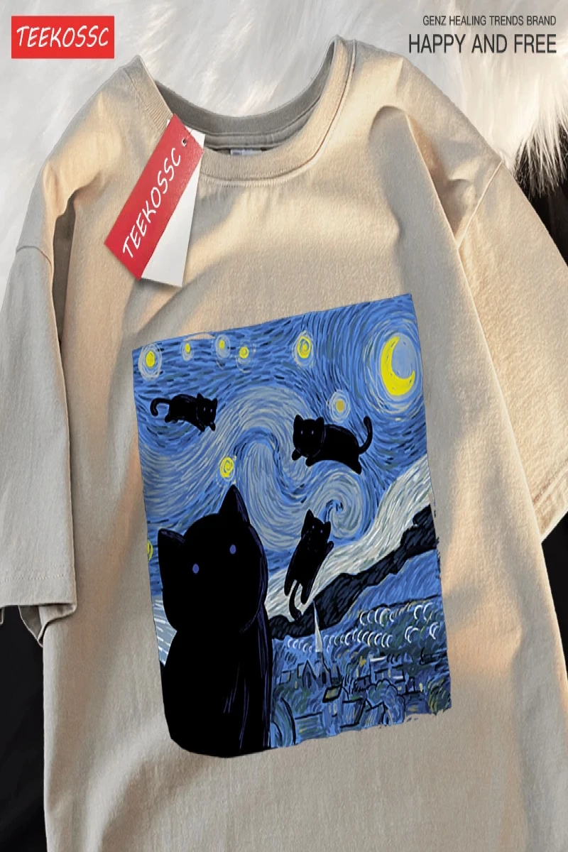 Y2k Vintage Tişört Tee Yağlıboya yıldızlı kedi gece
