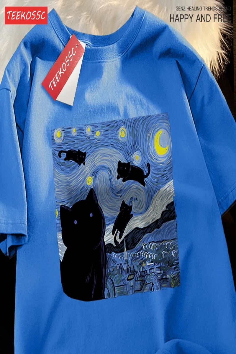 Y2k Vintage Tişört Tee Yağlıboya yıldızlı kedi gece