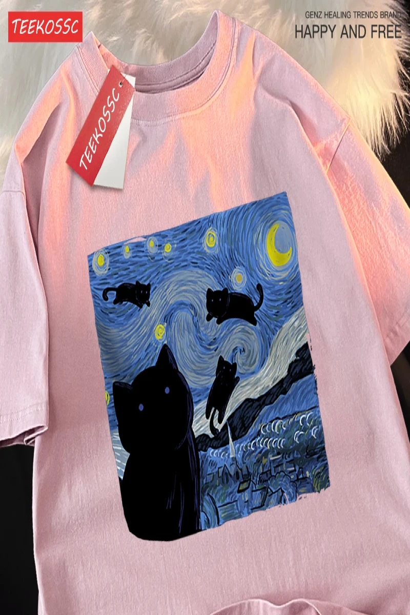 Y2k Vintage Tişört Tee Yağlıboya yıldızlı kedi gece