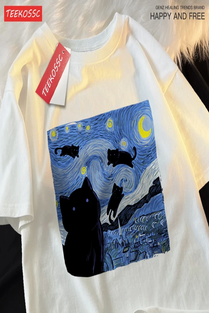 Y2k Vintage Tişört Tee Yağlıboya yıldızlı kedi gece