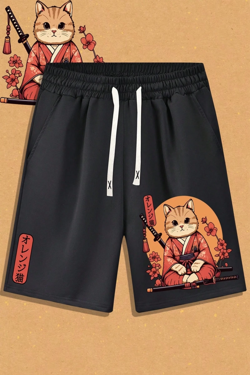 Yaz Erkek Şortları Ukiyo-E Anime Japon Samuray Kedi Baskılı Spor Rahat Şortlar Bağcıklı Elast