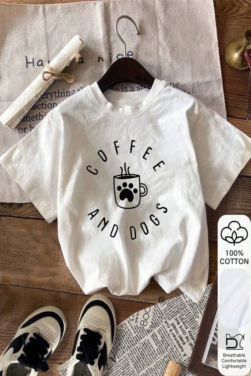 Yaz Kadın Bol Tişört, Kahve Ve Köpekler Harfli Baskı, %100 Pamuk Beyaz Kısa Kollu Grafik Kısa