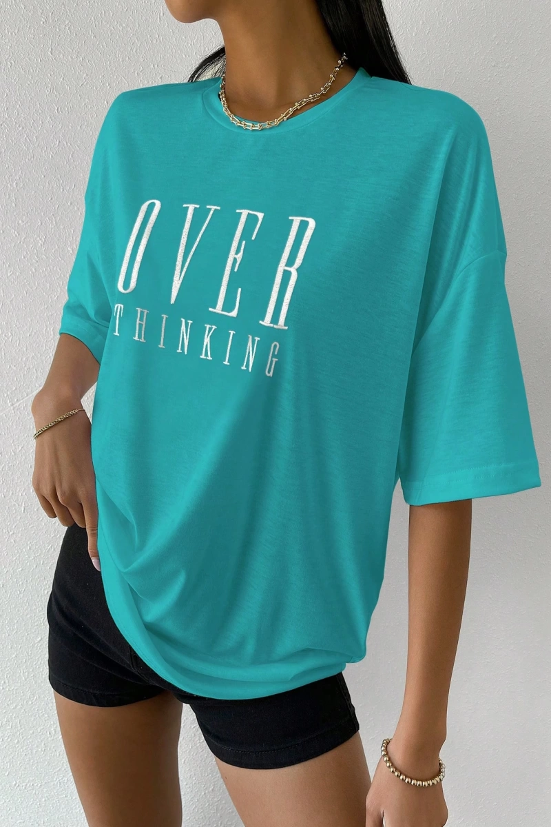 Yaz Rahat Slogan ve Figür Baskılı Yuvarlak Yaka Kısa Kollu Tişört