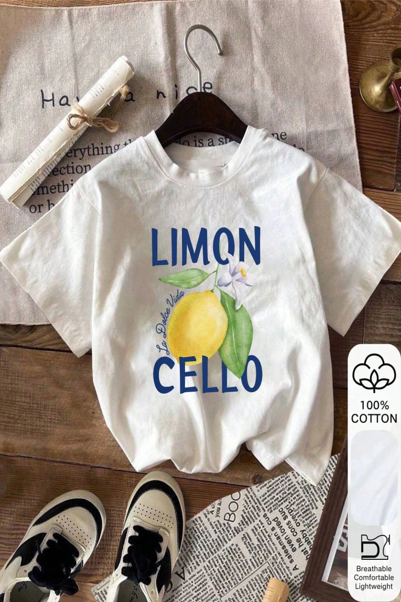 Yazlık Kadın Bol Tişört, LIMON CELLO& Limon Desenli, Pamuklu, Beyaz Kısa Kollu Grafik Tişört