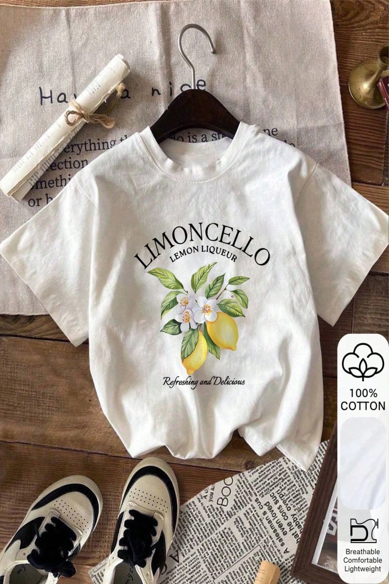 Yazlık Kadın Bol Tişört, LIMONCELLO ve Limon Desenli, %100 Pamuk, Beyaz Kısa Kollu Grafik Tiş