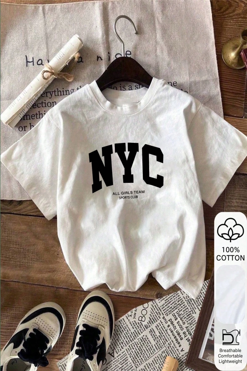 Yazlık Kadın Bol Tişört, NYC Yazı Baskılı, Pamuklu, Beyaz Kısa Kollu, Grafik Tişört