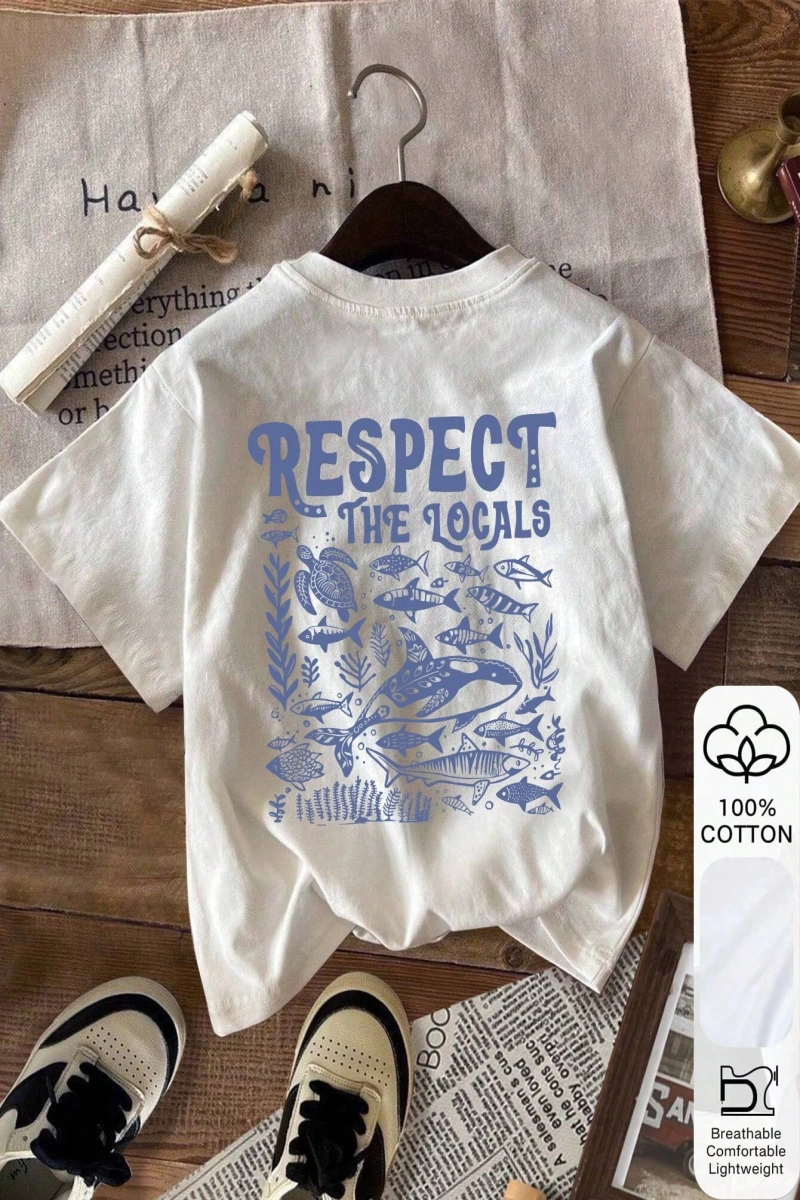 Yazlık Kadın Bol Tişört, RESPECT & Ocean Baskılı, %100 Pamuklu Beyaz Kısa Kollu Grafik Tişört