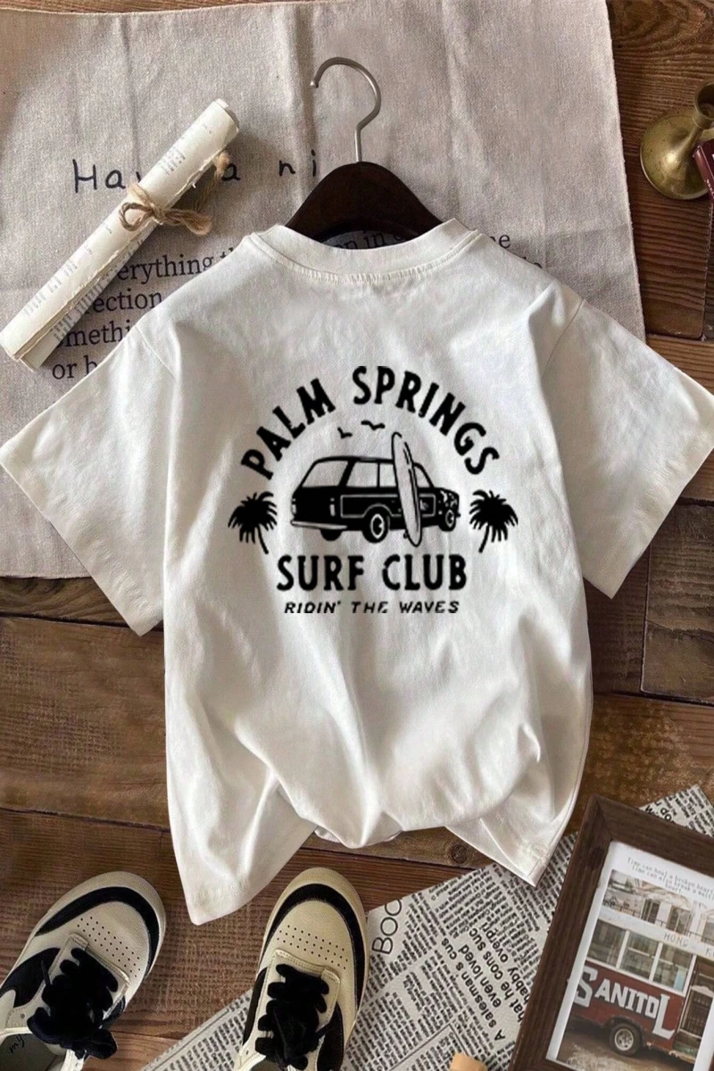 Yazlık Kadın Bol Tişört, SURF CLUB ve Araba Baskılı, %100 Pamuk, Beyaz Kısa Kollu Grafik Tişö