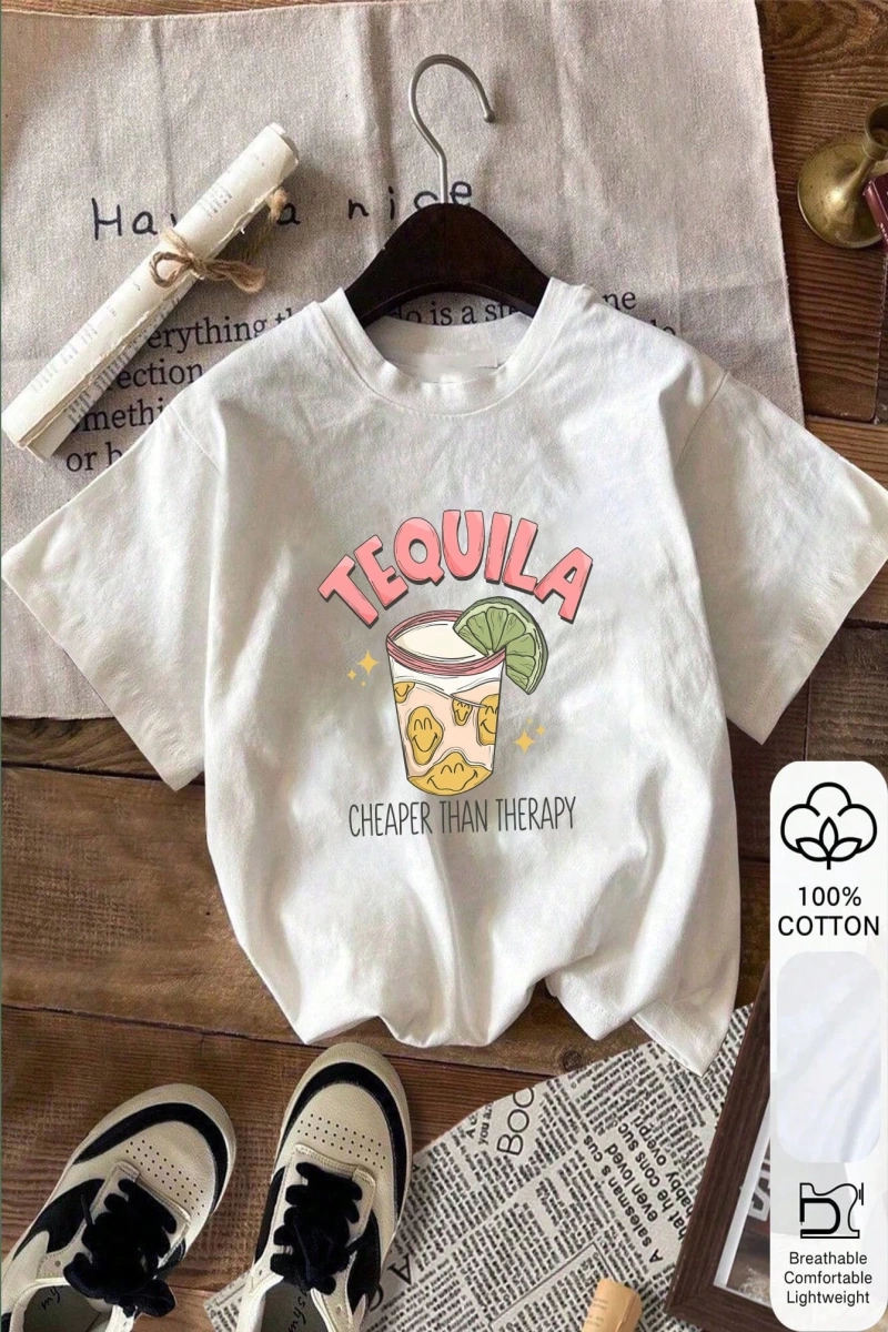 Yazlık Kadın Bol Tişört, TEQUILA ve Limon Çayı Baskılı, %100 Pamuklu Beyaz Kısa Kollu, Grafik