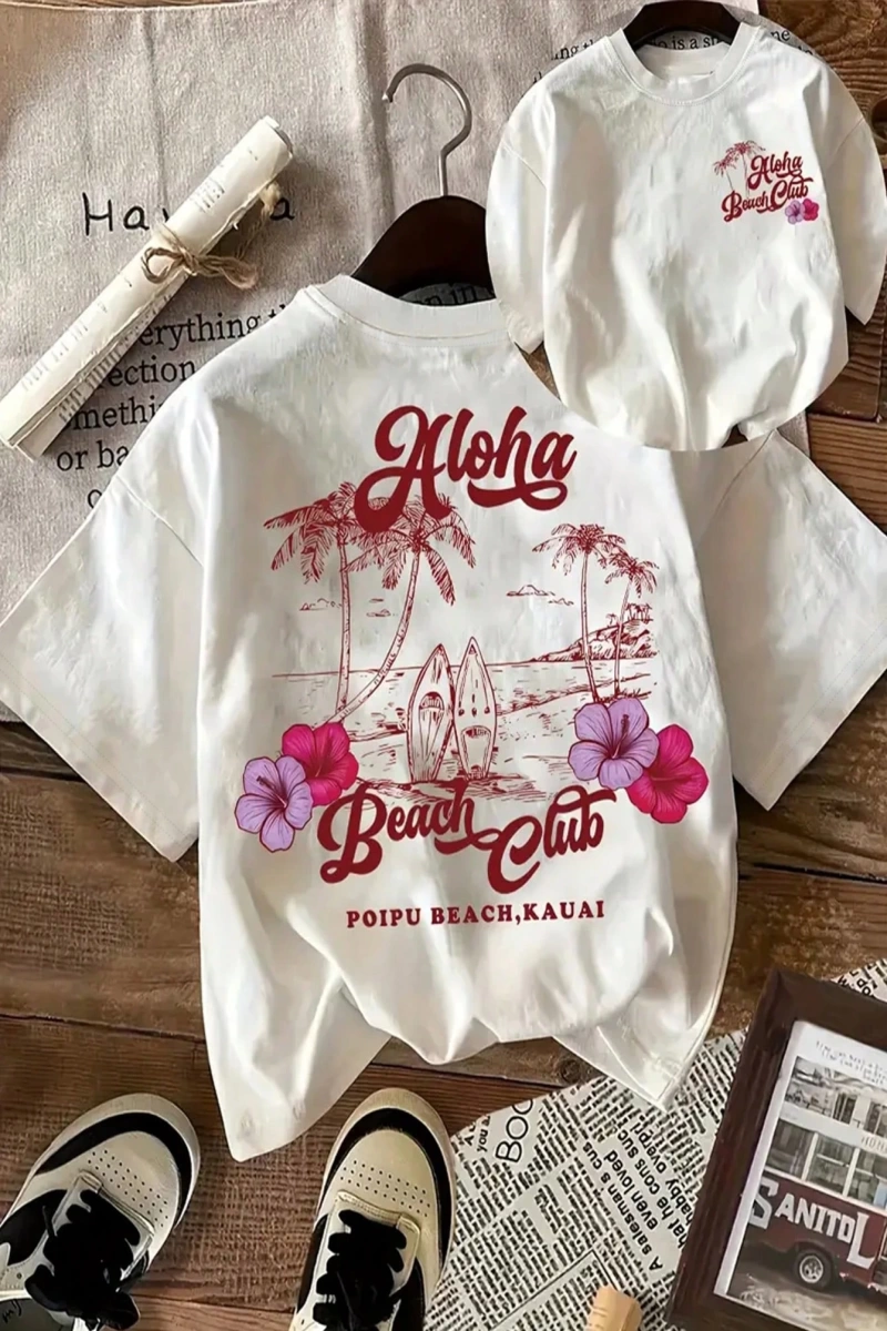 Yazlık Kadın Bol Tişört, WIFET Harfli Baskı, %100 Pamuk Beyaz Kısa Kollu Desenli Kısa Kollu