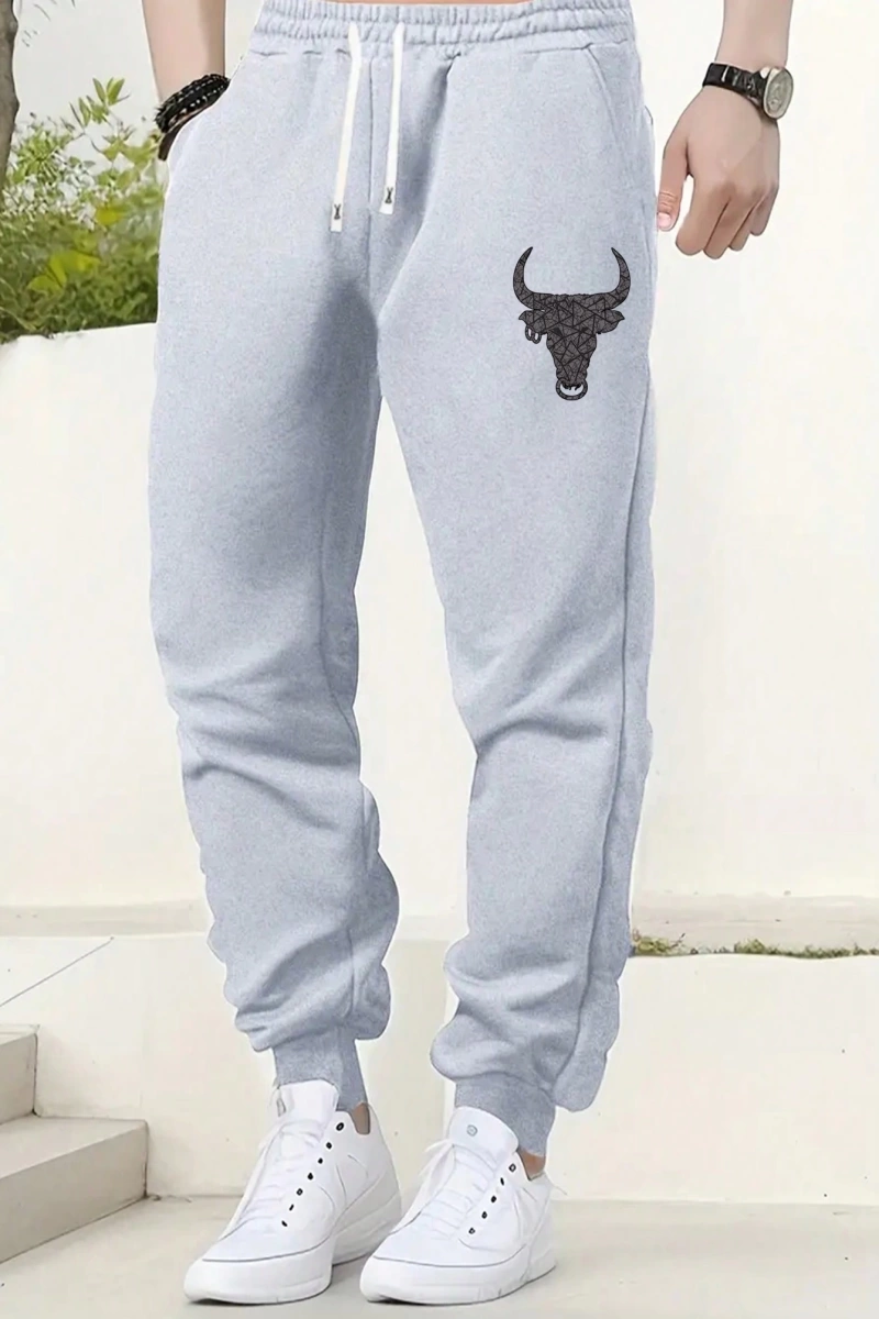 Yeni Erkek Kaburgalı Eşofman Altı İnek Desenli, Elastik Bel, Bağcıklı, Günlük Spor Jogger Pan