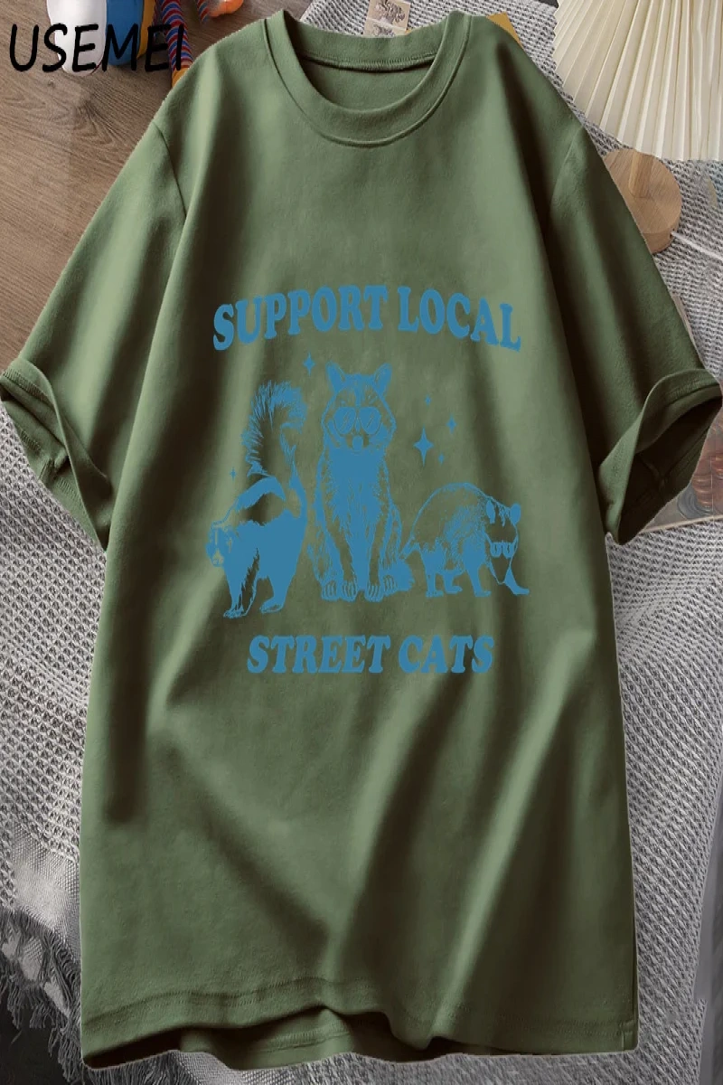 Yerel Sokak Kedilerinizi Destekleyin Retro T Shirt Komik Rakun T-Shirt Streetweet Hayvan Kedi 2952
