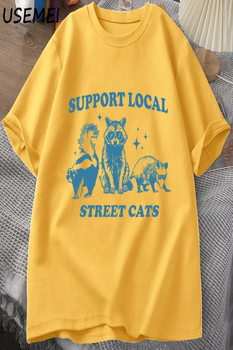 Yerel Sokak Kedilerinizi Destekleyin Retro T Shirt Komik Rakun T-Shirt Streetweet Hayvan Kedi 2952