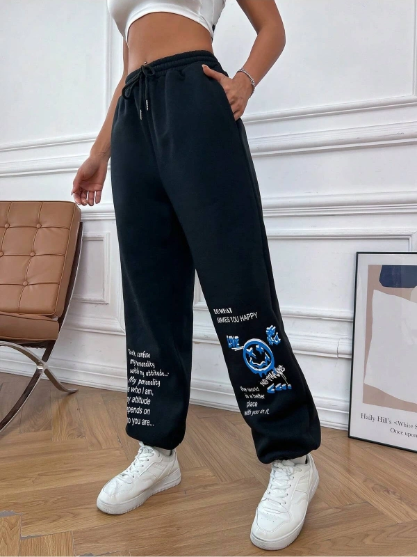 & Cartoon Graphic Drawstring Waist 4 Mevsim Eşofman