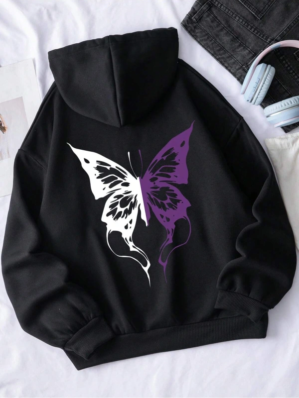 . Essnce Butterfly Print Kangaroo Pocket Drawstring Lined Hoodie Siyah