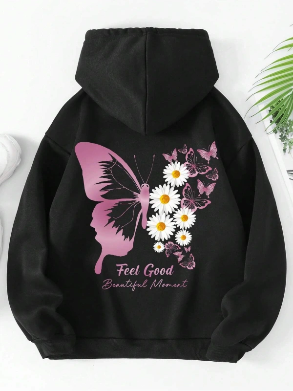 . Essnce Floral & Butterfly Print Kangaroo Pocket Drawstring Hoodie Siyah