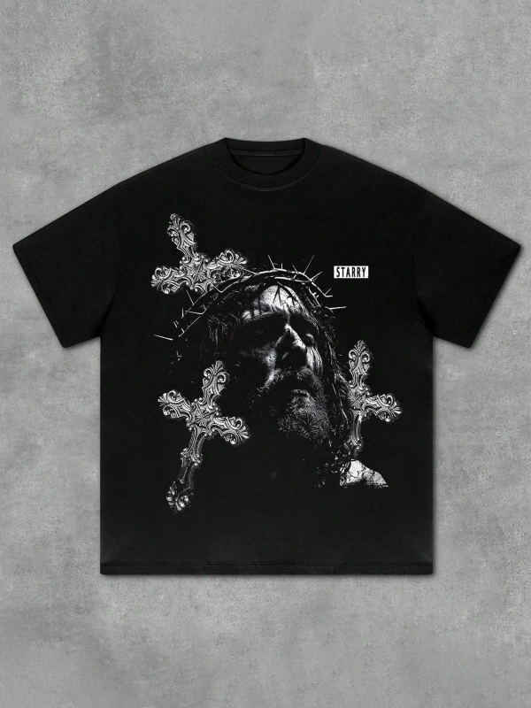 1 Adet Büyük Boy Erkek Moda İsa Haçı Baskılı Tişört, Rahat Sokak Giyimi, Unisex, Tüm Mevsimle