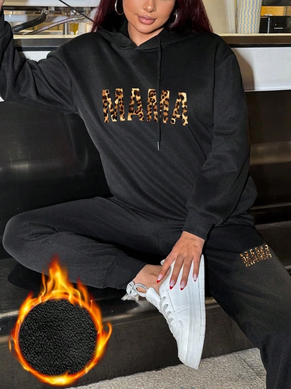 2 adet/takım Bol Günlük MAMA Baskılı Sweatshirt ve Bağcıklı Pantolon, Kadınlar İçin