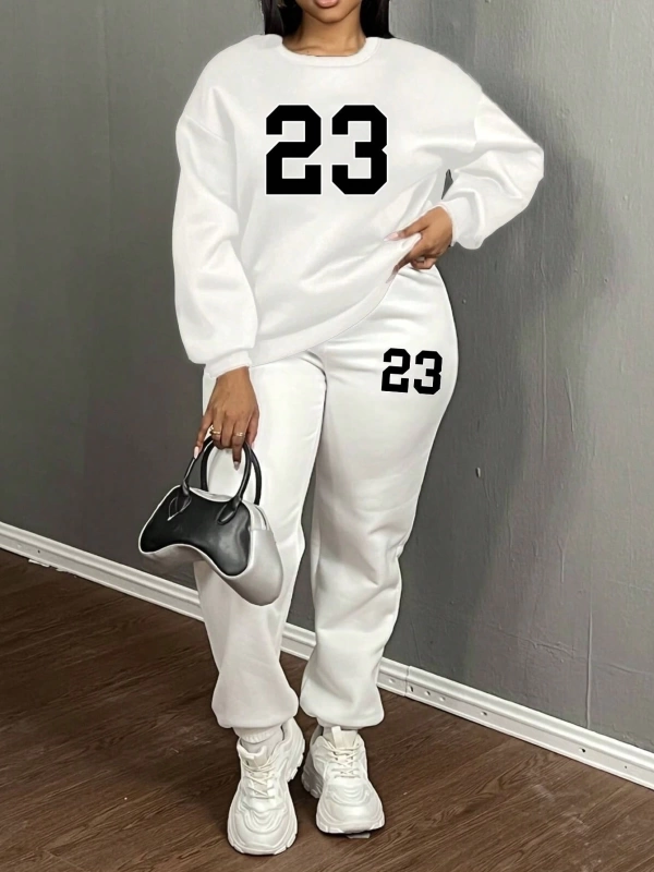 2 adet/takım Kadın Rahat 23# Bol Mürettebat Yaka Büyük Boy Sweatshirt ve Bağcıklı Pa