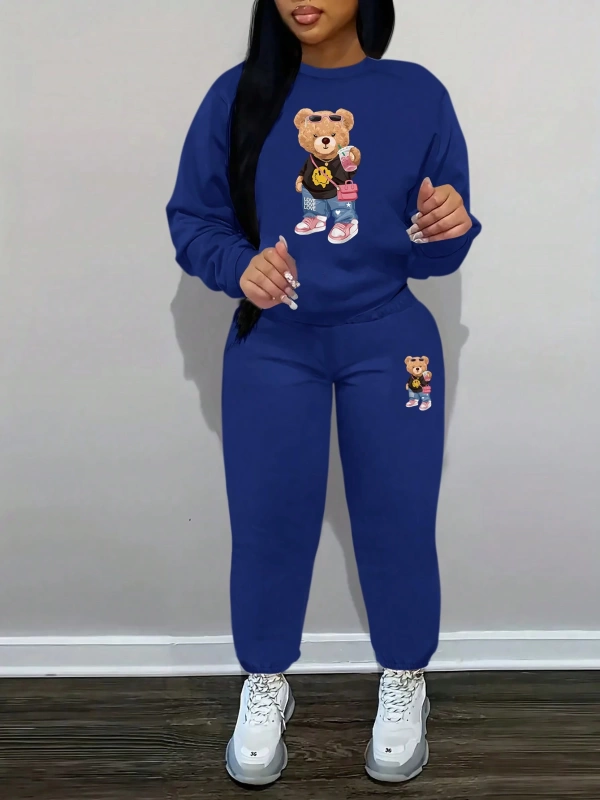 2 Adet/Takım Rahat Ayı Baskılı Sweatshirt Ve Eşofman Altı, Sonbahar/Kış