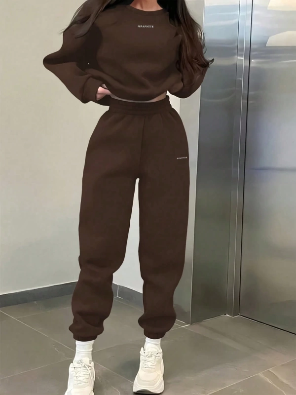2li Büyük Beden Günlük Harfli Grafik Polar Sweatshirt ve Eşofman Altı Takımı, Sonbah