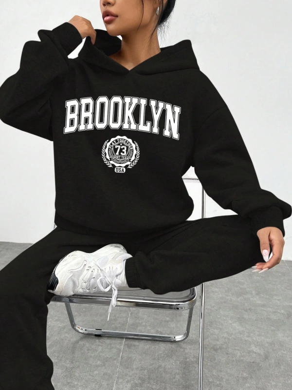 2li Kadın Rahat Basit İngilizce Harfli Kapüşonlu Sweatshirt ve Eşofman Altı Tak