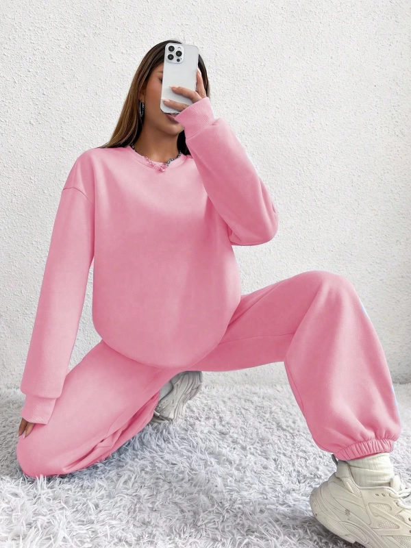 2li Rahat Minimalist Düz Renk Yuvarlak Yaka Sweatshirt Ve Eşofman Altı Takımı