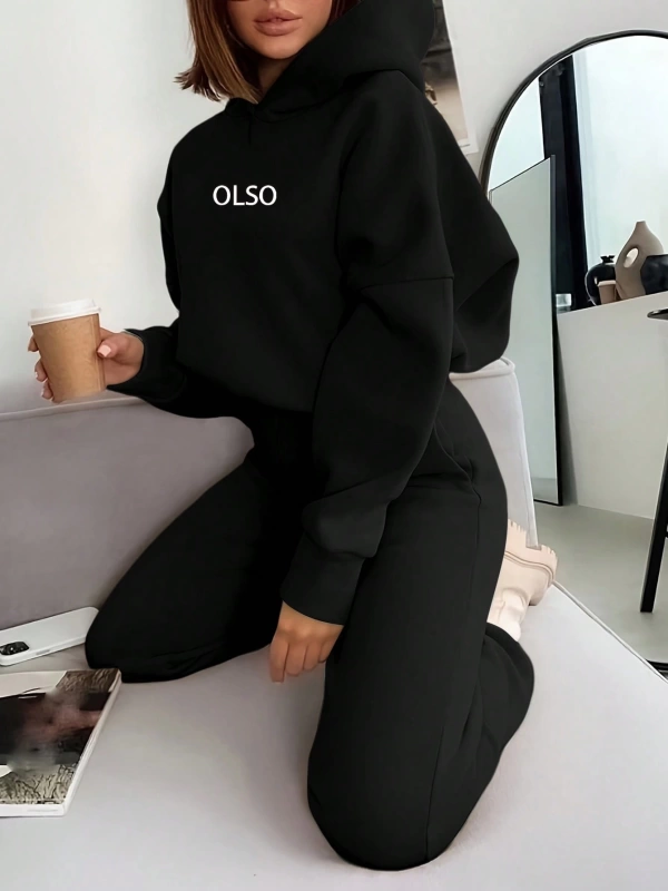 2 Parça Kadın Kapşonlu Sweatshirt ve Bağcıklı Bel Cepli Eşofman Altı Takımı, Günlük Sp