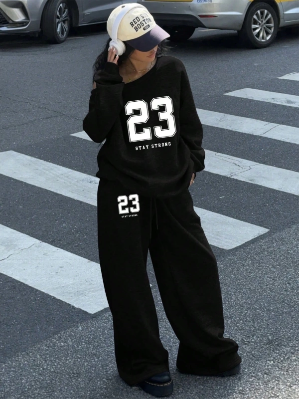 2 Parça Set: Bol Soğuk Omuz Sweatshirt ve Termal Astarlı Geniş Paça Eşofman Altı
