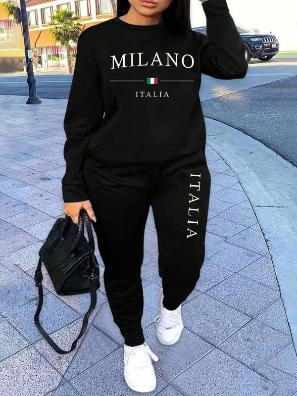2 Parça Set Büyük Beden Kadın Harf Baskılı Mürettebat Yaka Uzun Kollu Sweatshirt Ve Eş
