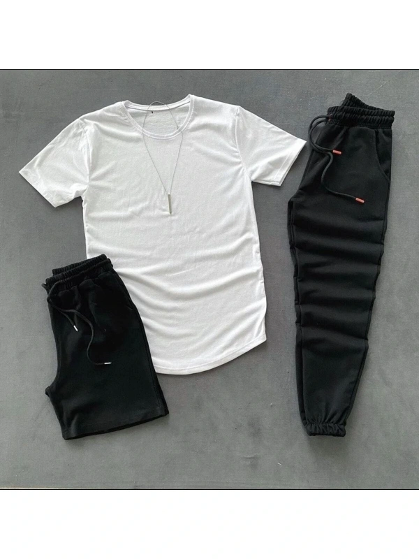 3lü Siyah Beyaz Eşofman Takımı T-shirt Şort Eşofman Altı Kombin Düzjozatakım