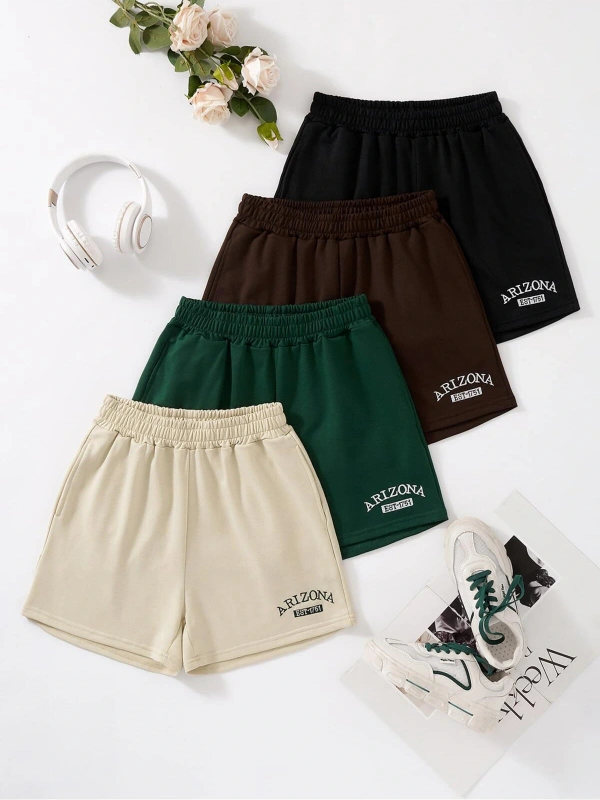 4pcs Letter Graphic Slant Pockets Şort