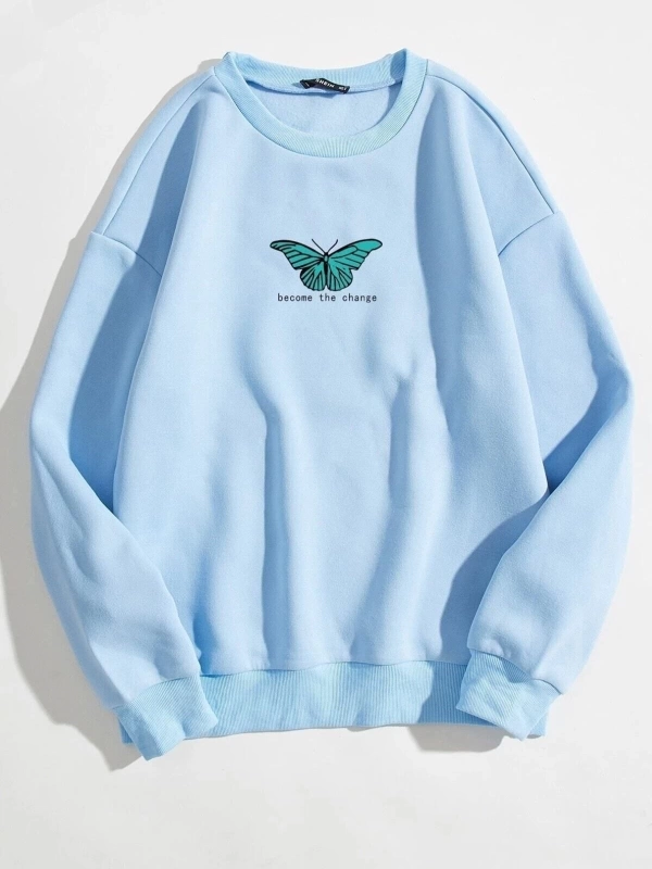 Unisex Kelebek Baskılı Bisiklet Yaka Oversize Bebe Mavisi Sweatshirt bebemavisikebele