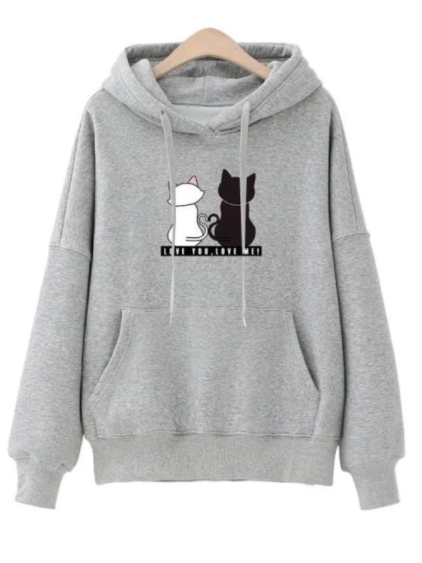 Unisex Kedi Baskılı Kapüşonlu Oversize Gri Sweatshirt kapüşonlukedi
