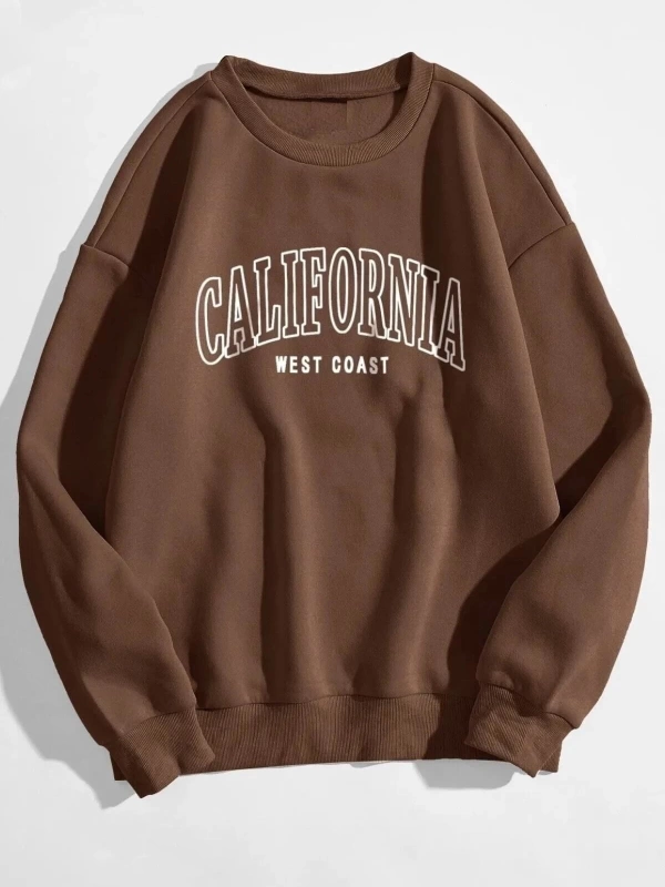 Kadın Kahverengi California Baskılı Oversize Bisiklet Yaka Sweatshirt vryntcal