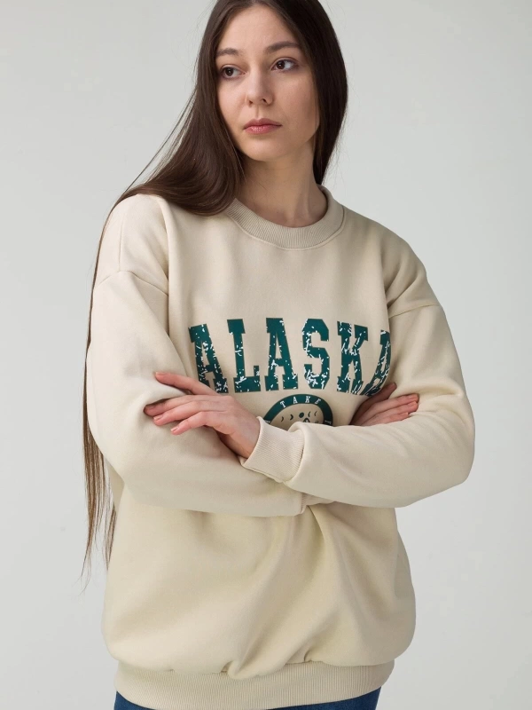 Unisex Bej Alaska Baskılı Bisiklet Yaka Oversize Sweatshirt alaskasweat