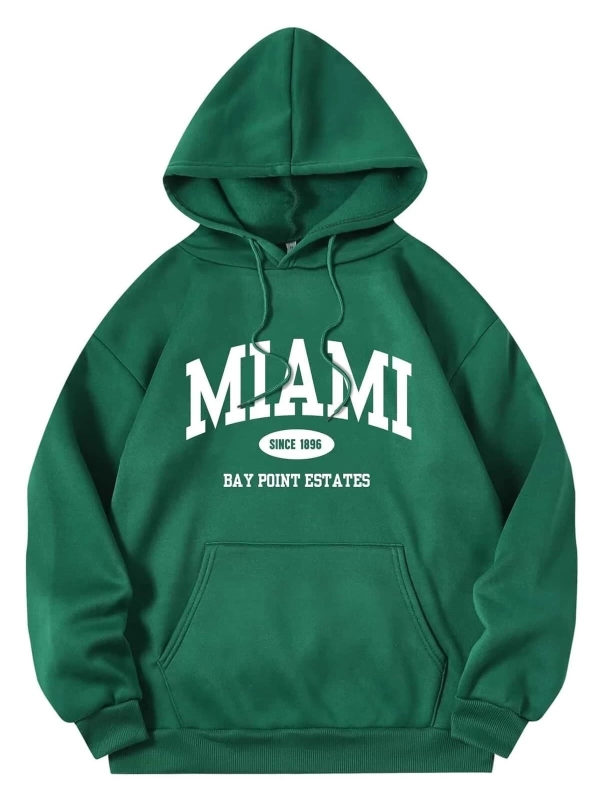 Unisex Nefti Yeşil Pamuk Miami Baskılı Oversize Kapüşonlu Sweatshirt NeftiMiami