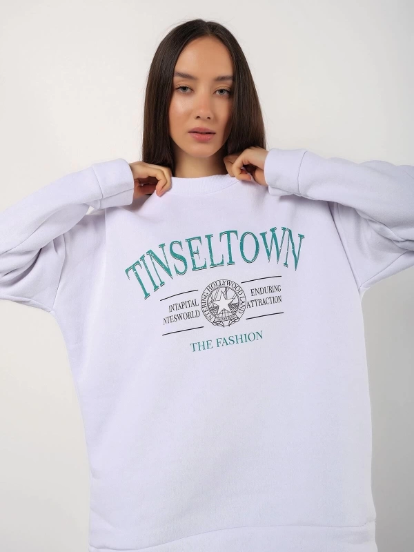 Kadın Beyaz Tinseltown Baskılı Bisiklet Yaka Oversize Sweatshirt tinseltown