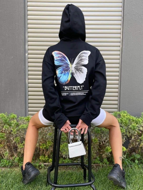 Kadın Siyah Butterfly Kelebek Baskılı Kapüşonlu Oversize Sweatshirt KELEBEKOVERSİZESW