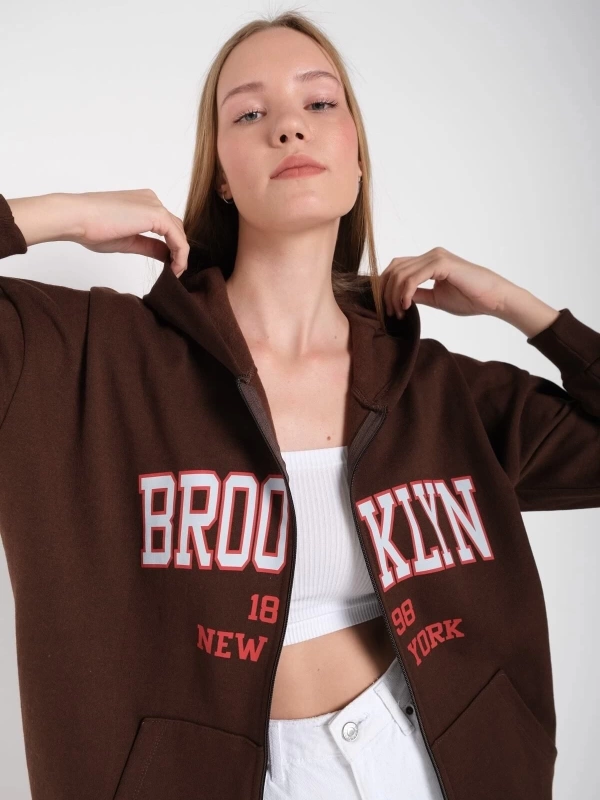 Kadın Kahverengi Brooklyn Baskılı Oversize Hırka brooklynhırka