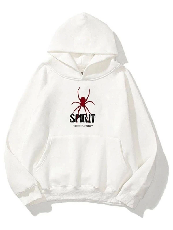 Unisex Beyaz Örümcek Baskılı Oversize Kapşonlu Sweatshirt SPİRİTBASKIKPSNLU