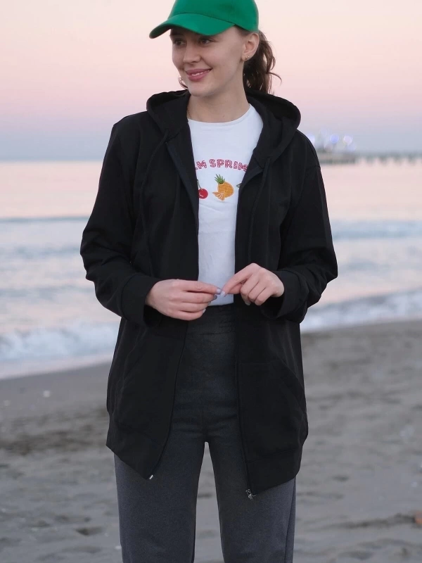 Berika Mila Siyah Kadın Fermuarlı Kapüşonlu Oversize & Bol Kesim Sweatshirt 029