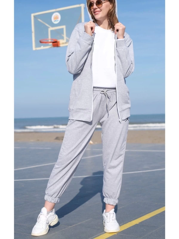 Berika Mila Gri Kadın Fermuarlı Kapüşonlu Oversize & Bol Kesim Sweatshirt 029
