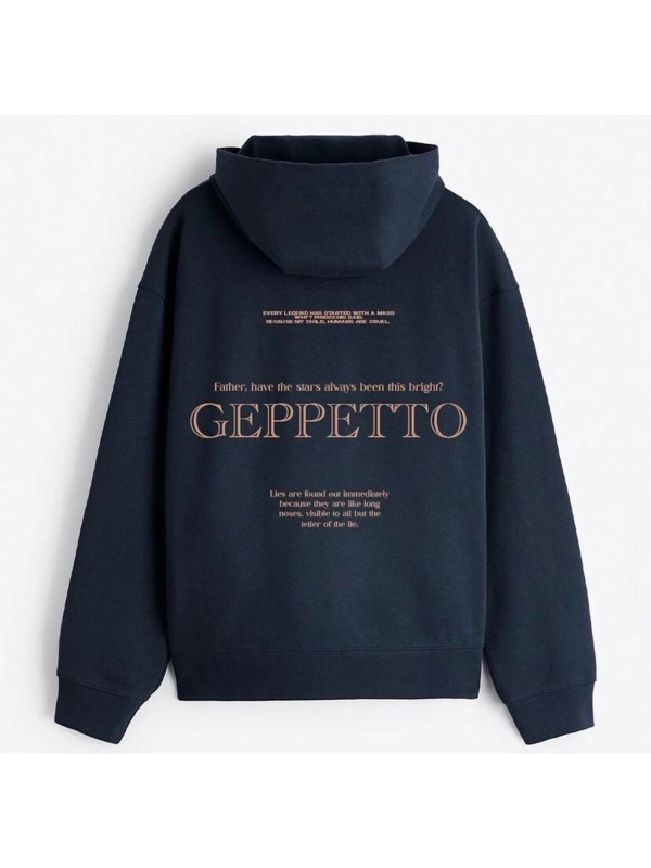 Lacivert Gepetto Baskılı Oversize Kapuşonlu Erkek Sweatshirt benisengiydirgepet