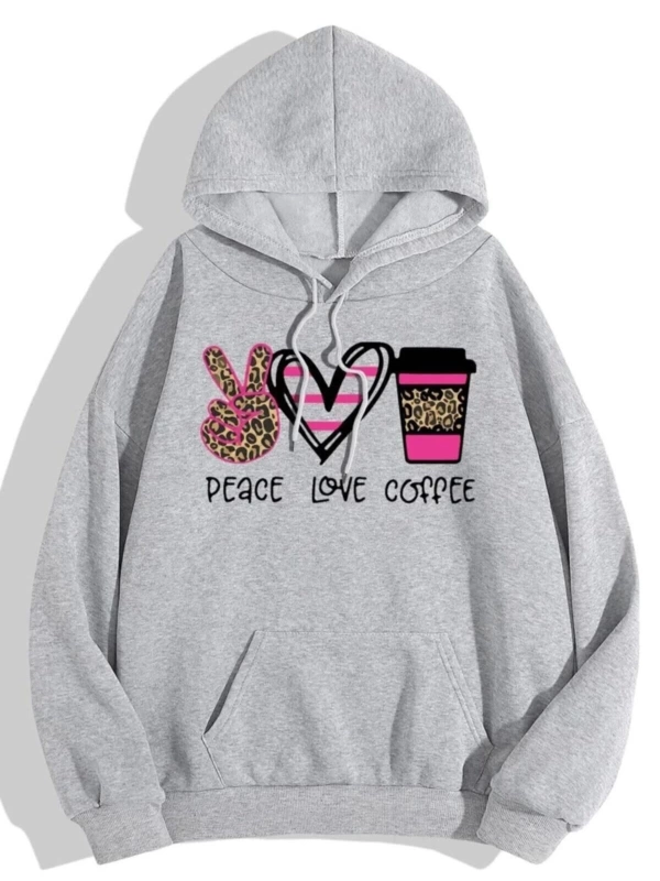 Kadın Gri Peace Love Coffee Baskılı Oversize Kapüşonlu Sweatshirt
