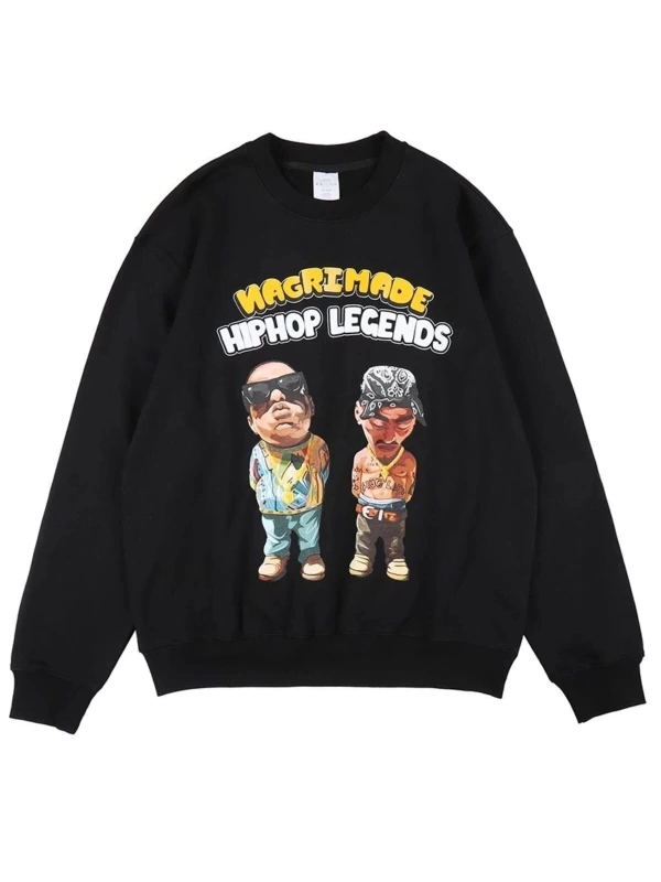 Erkek Siyah Hip Hop Legend Baskılı Oversize Bisiklet Yaka Sweatshirt