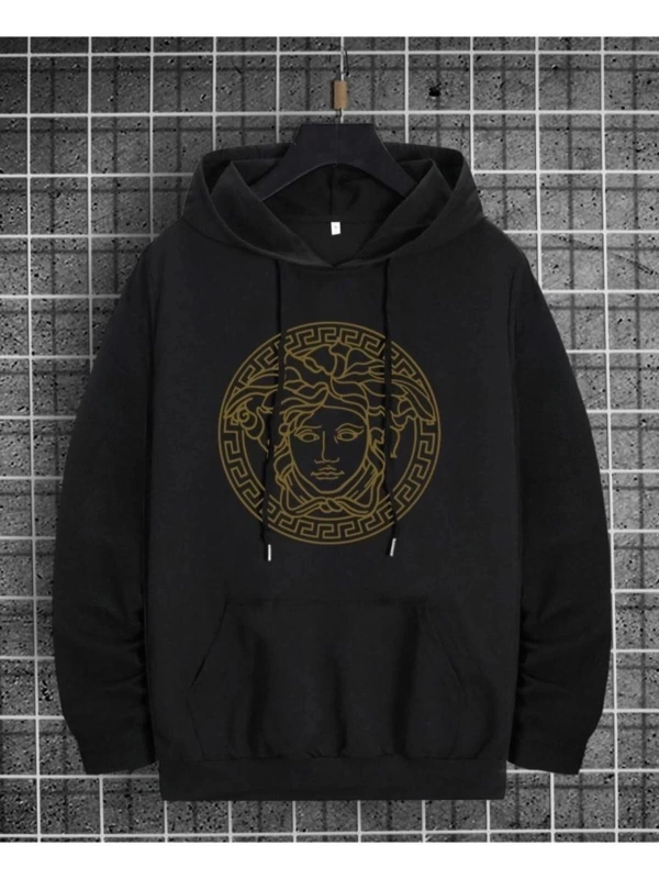 Erkek Siyah Gold Medusa Baskılı Oversize Kapüşonlu Sweatshirt Benisengiydirmedu