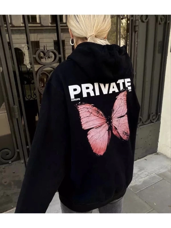 Kapüşonlu Private Pembe Kelebek Baskılı Oversize Kadın Sweatshırt LDYBKR1000000