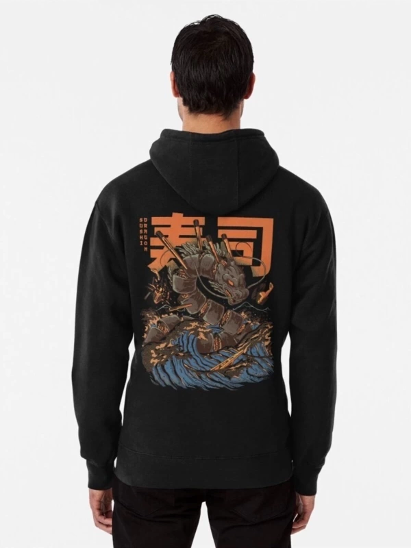 Unisex Siyah Sırt Sushi Dragon Baskılı Kapüşonlu Sweatshirt benisengiydirsushid